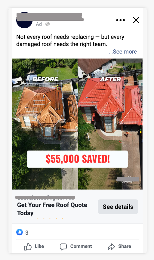 Real working roofing ad - $55,000 Saved before after