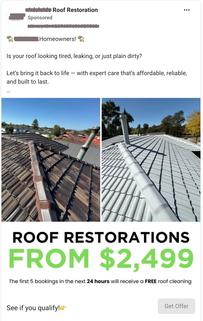 Real working roofing ad - Roof Restorations From $2499