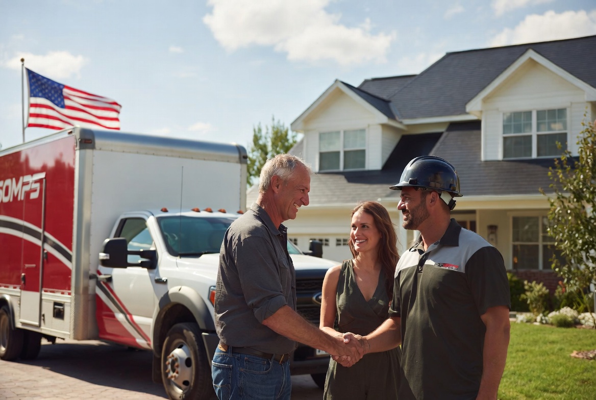 Professional roofer with happy homeowners