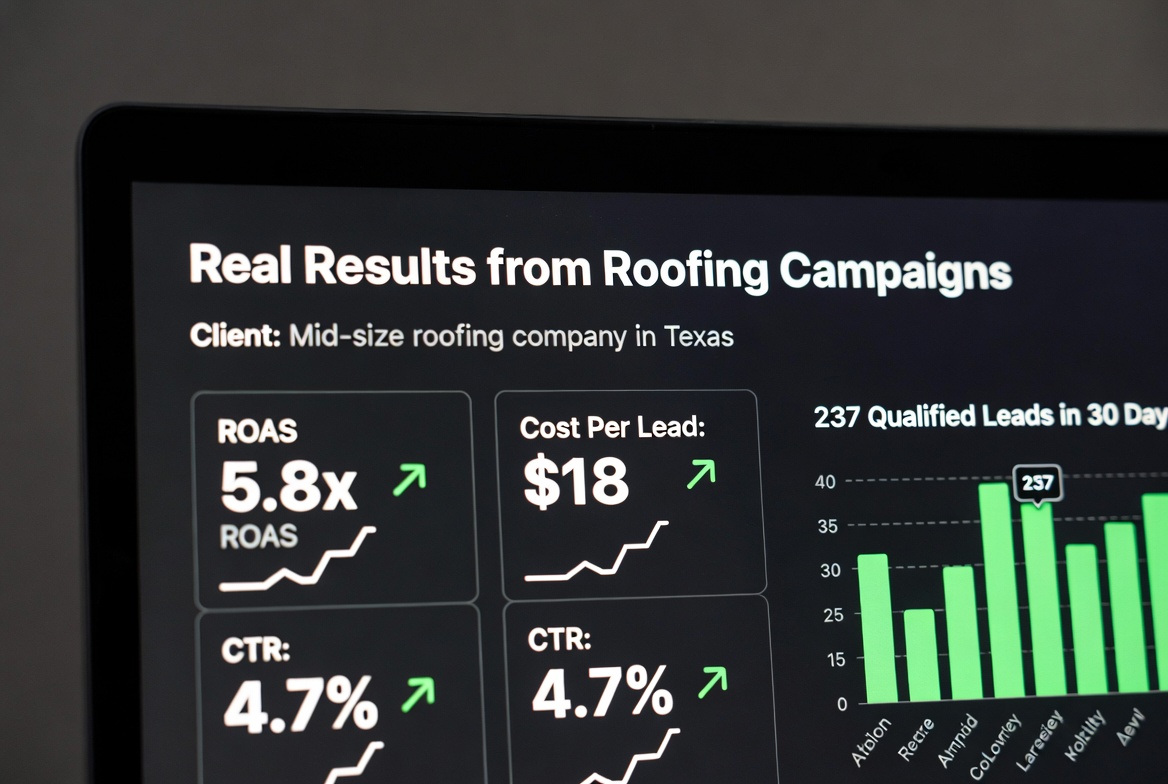 Facebook Ads results dashboard showing strong ROAS and low CPL for roofing campaigns